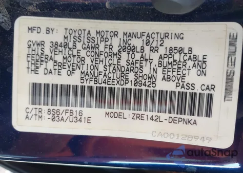 2013 Toyota Corolla Le z USA, uszkodzony, nr VIN 5YFBU4EEXDP109425